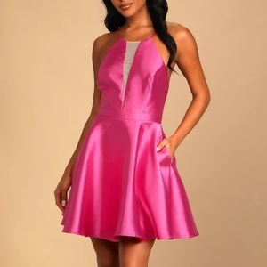Lulu's Hot Pink Satin Mini Skater Dress Fit and Flare